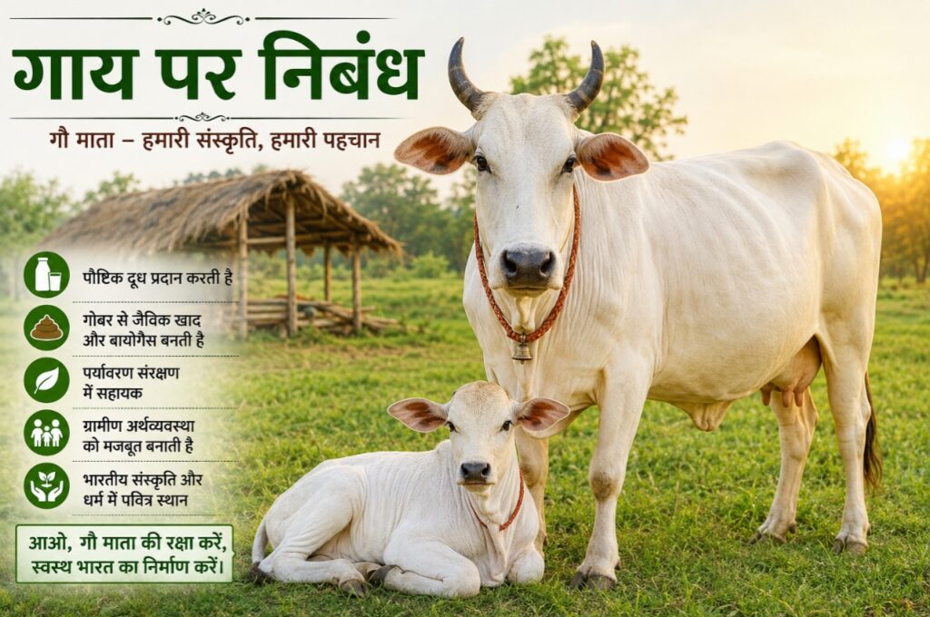 गाय पर निबंध (Essay on Cow in Hindi) | महत्व, उपयोगिता, नस्लें, 10 लाइनें